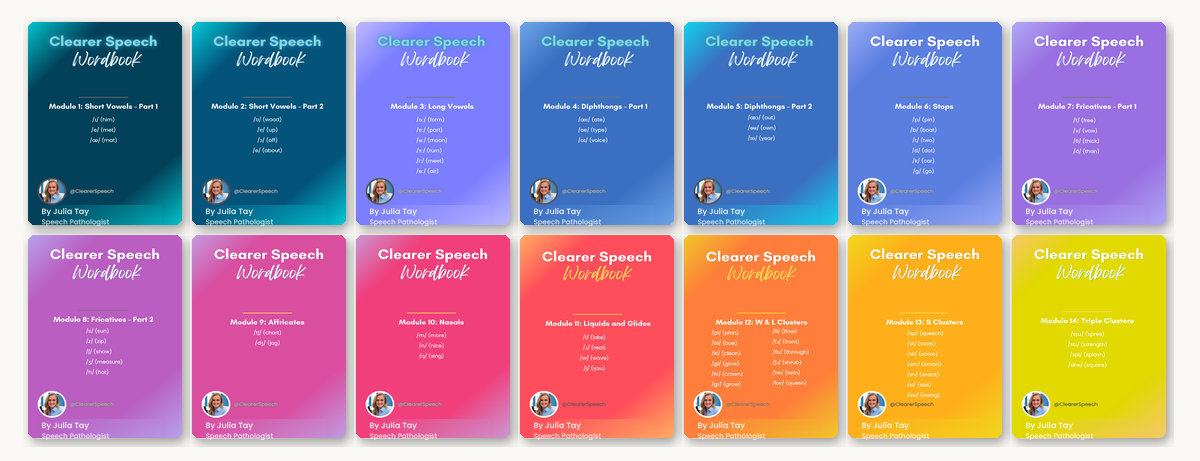 The 14 modules of the Clearer Speech Wordbook, from short vowels to triple clusters